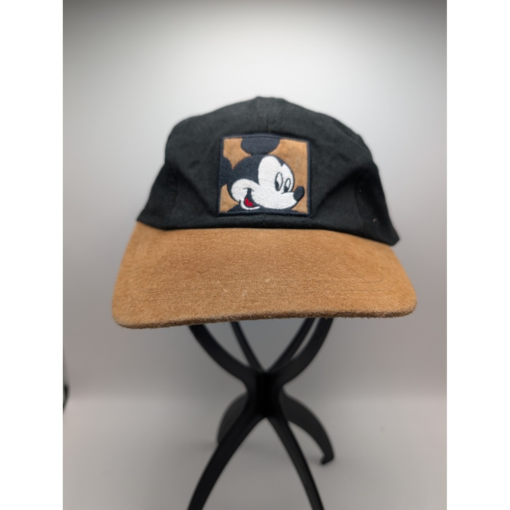 Vintage Mickey Unlimited 5 Panel Hat Black Cotton Brown Leather Brim Disney Cap
